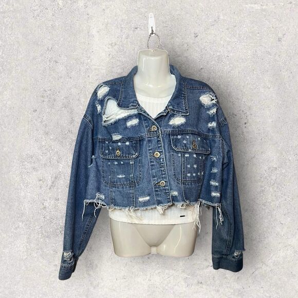 Highway Jeans Women's Size 2X Denim Distressed Button Front Cropped Jean Jacket - Picture 1 of 5
